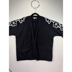 Chicos Black Knit Open Cardigan Sweater Bold White Floral Patterned Sleeves XL